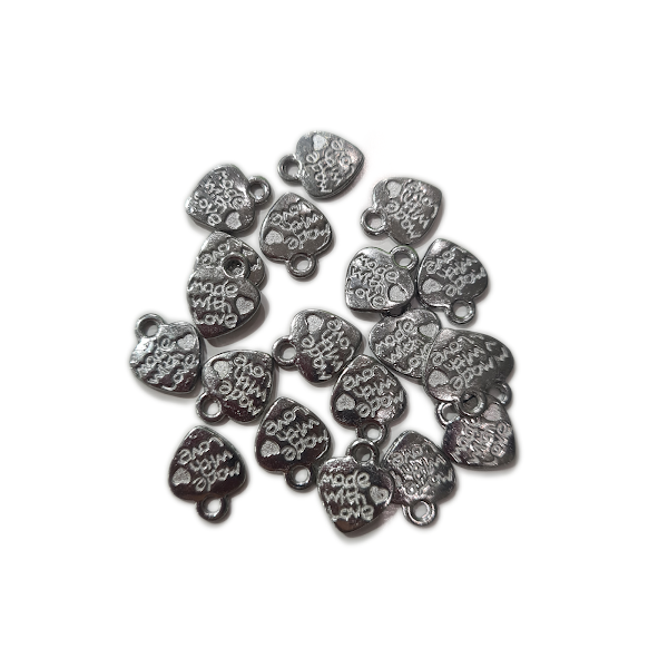 10pc Silver Made with Love Heart Charms