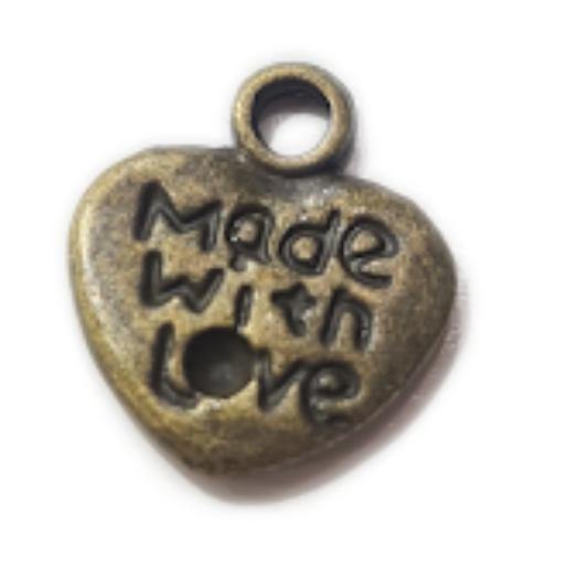 10pc Bronze Made With Love Heart Charms