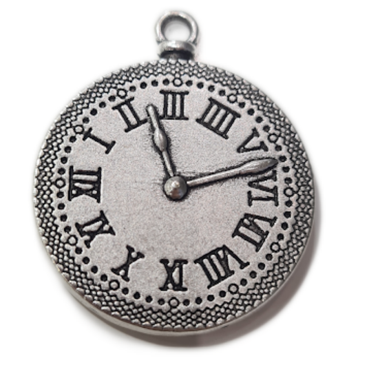 Silver Clock Cabochon With Roman Numerals Pendant