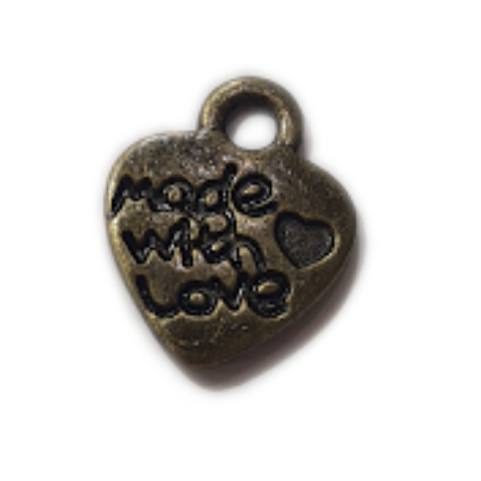 10pc Bronze Made with Love Heart Shaped Charms