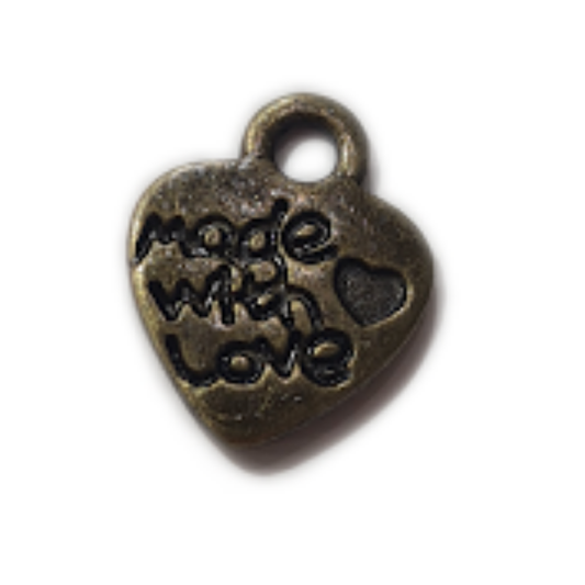 10pc Bronze Made with Love Heart Shaped Charms