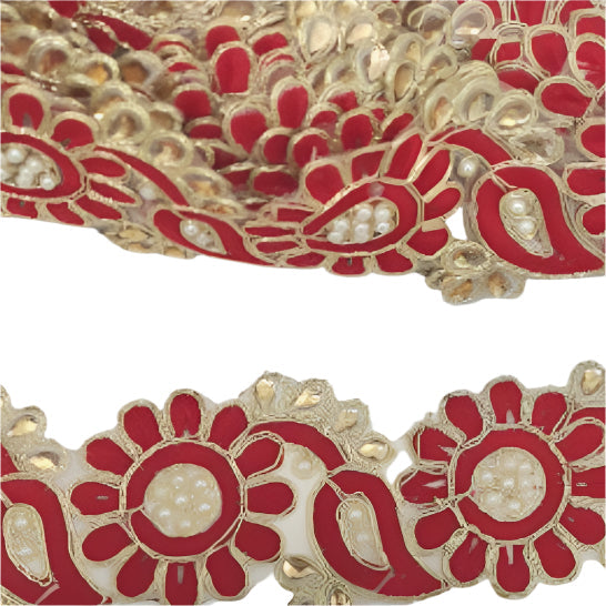 5m Red Flower, Gold & Pearl Trim