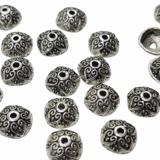 50PC Antique Silver Heart Swirl Bead Caps