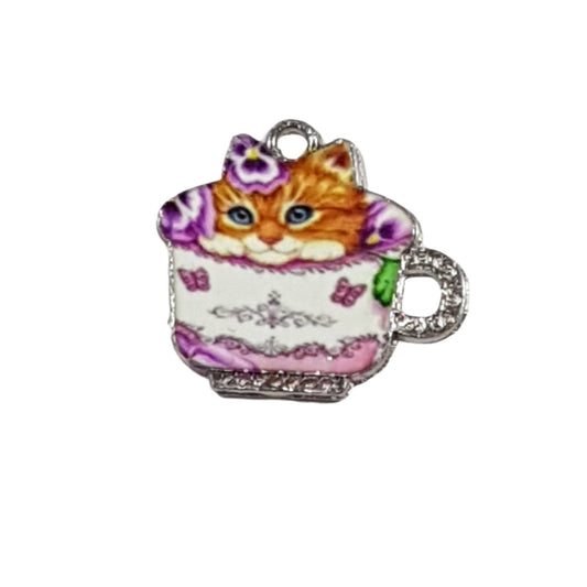 4pc Kitty Cat In A Cup Charms With Butterflies