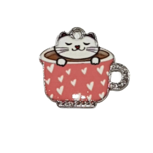 4pc Kitty Cat In A Cup Charms With Hearts