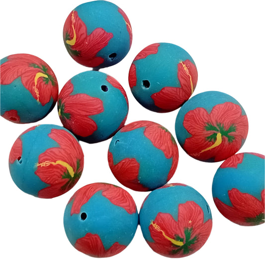 18mm Blue & Red Floral Handmade Polymer Clay Beads