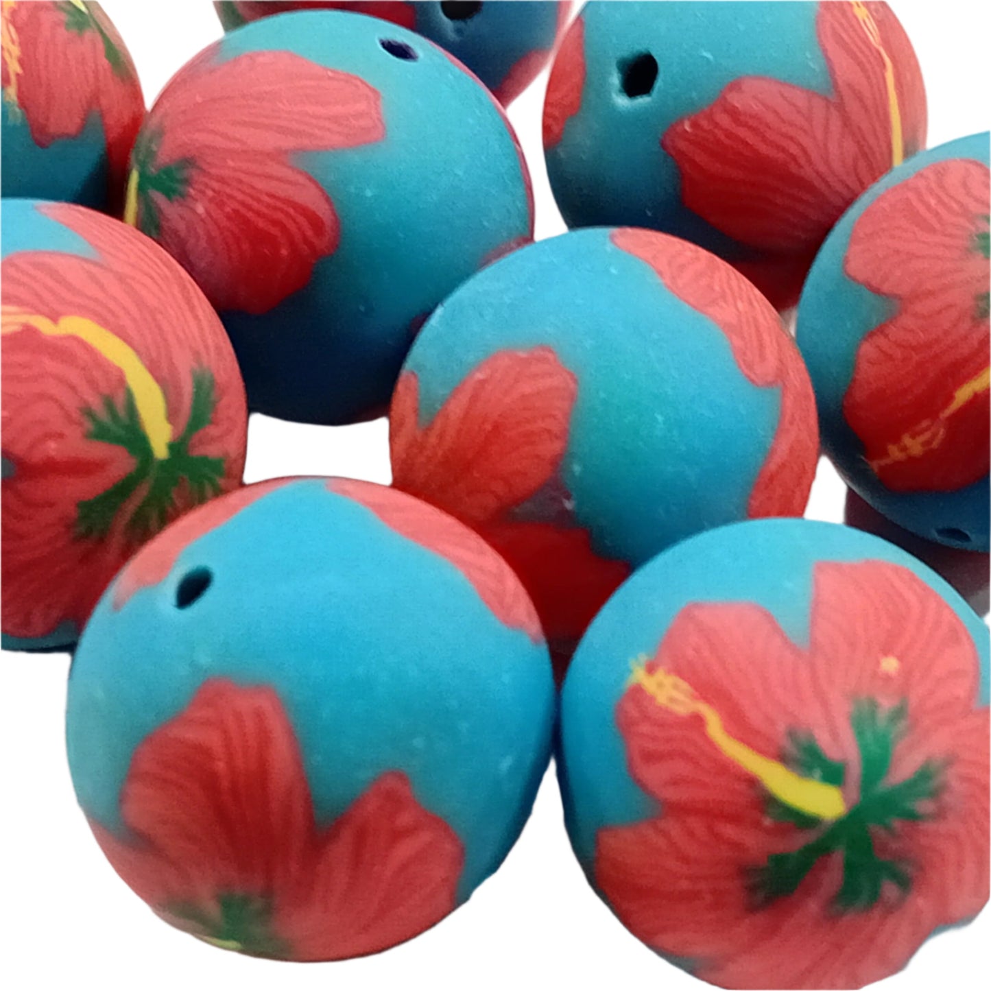 18mm Blue & Red Floral Handmade Polymer Clay Beads