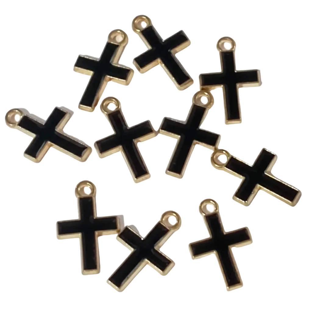 10pc Gold Black Enamel Cross Charms