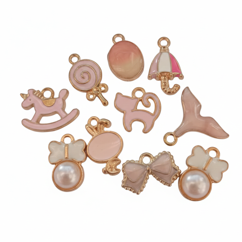 10pc Cute Pink & White Gold Enamel Charms