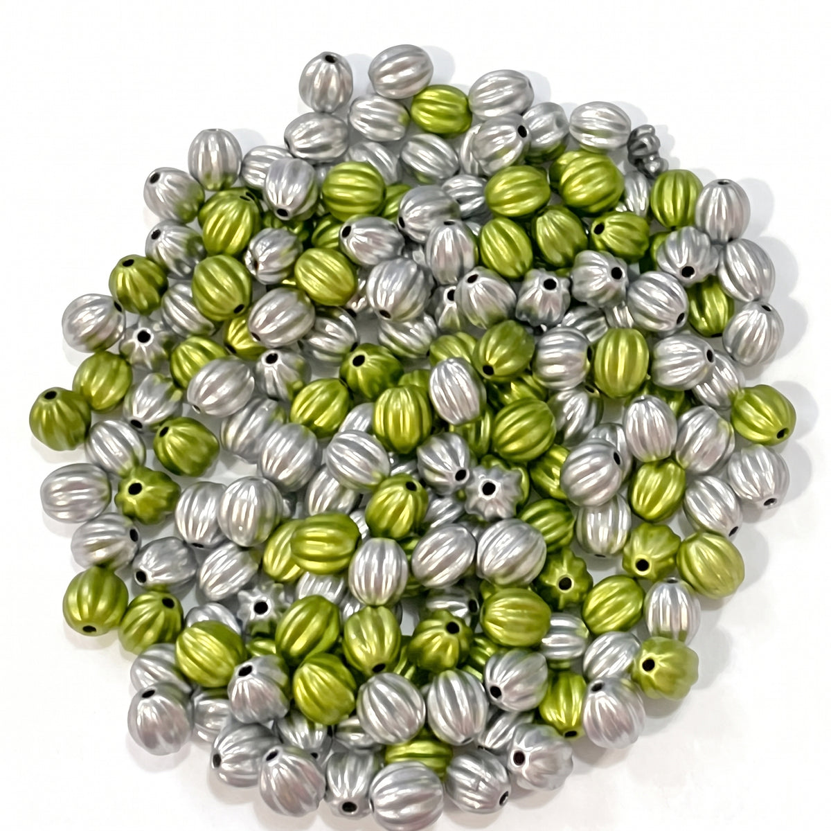 50g 8mm Metallic Light Green & Silver Fluted Acrylic Beads