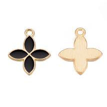 4pc Gold Black Enamel 4 Petal Flower Charms