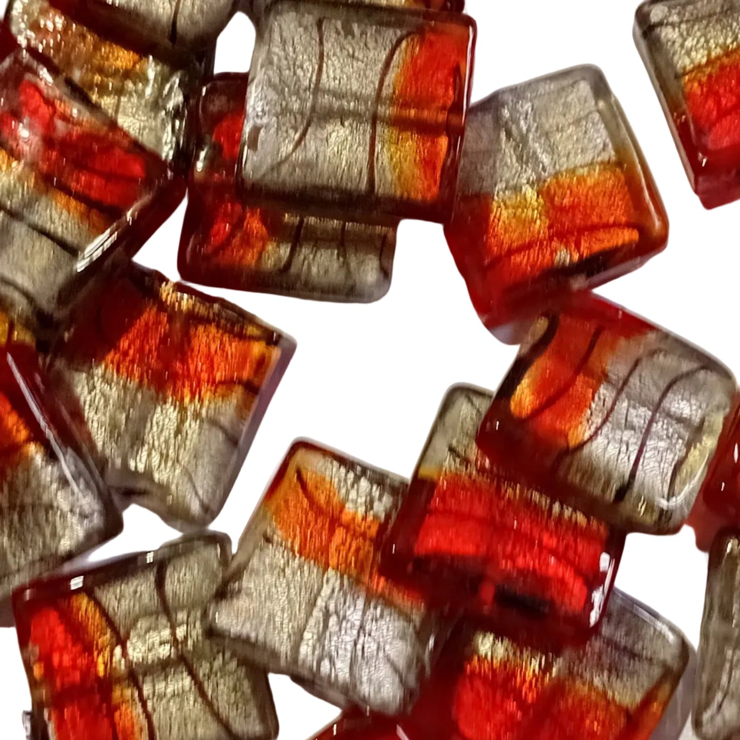 1pc 25mm Silver, Black & Burnt Orange Sq. Lampwork Bead