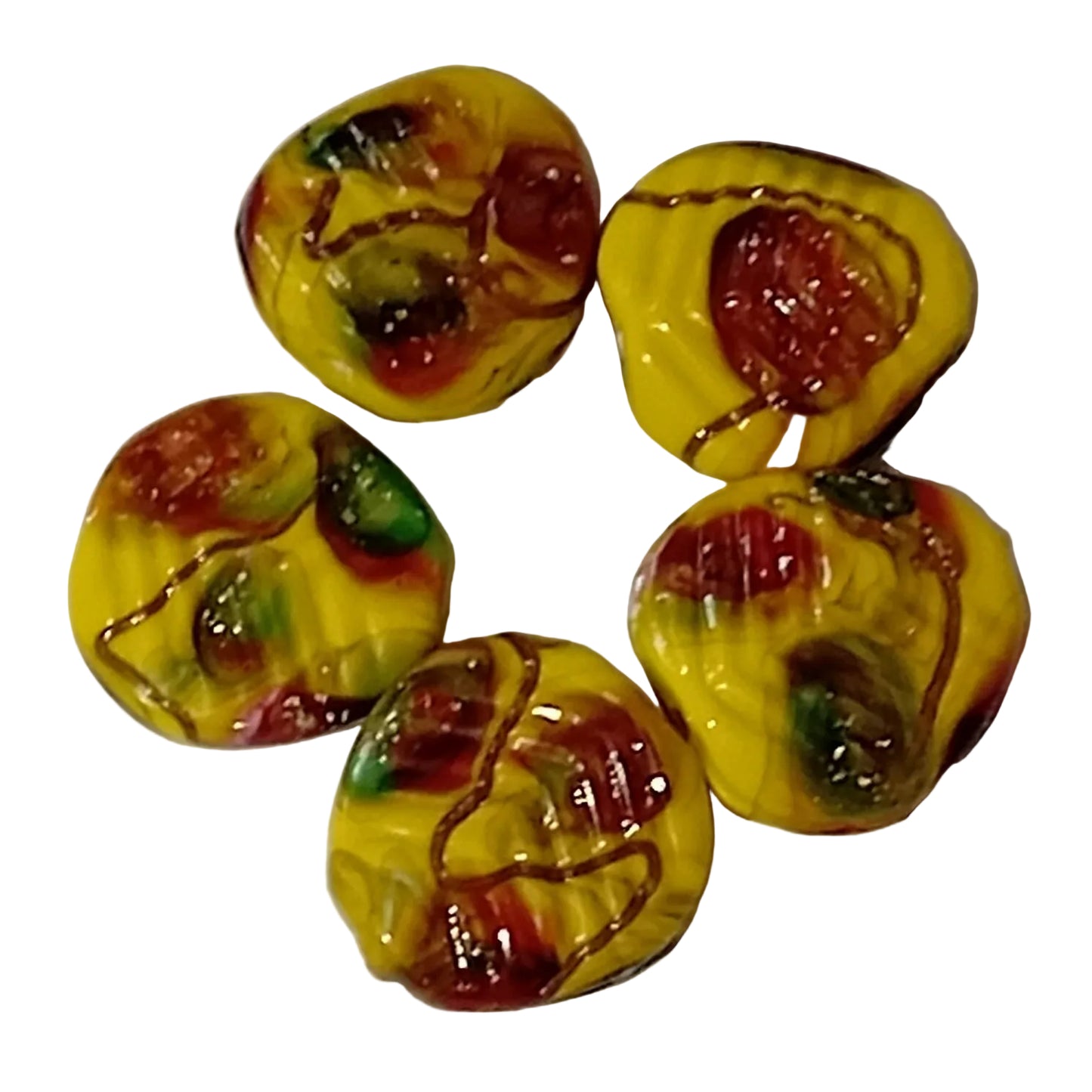 5pc Yellow Patterned Leaf Lampwork Beads