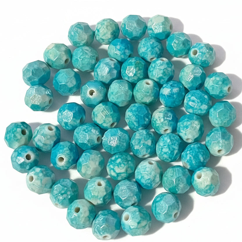 50pc 10mm Blue & White Round AB Faceted Beads