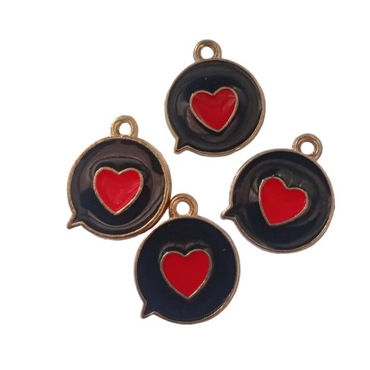 4pc Gold Black Enamel Red Heart Round Charms