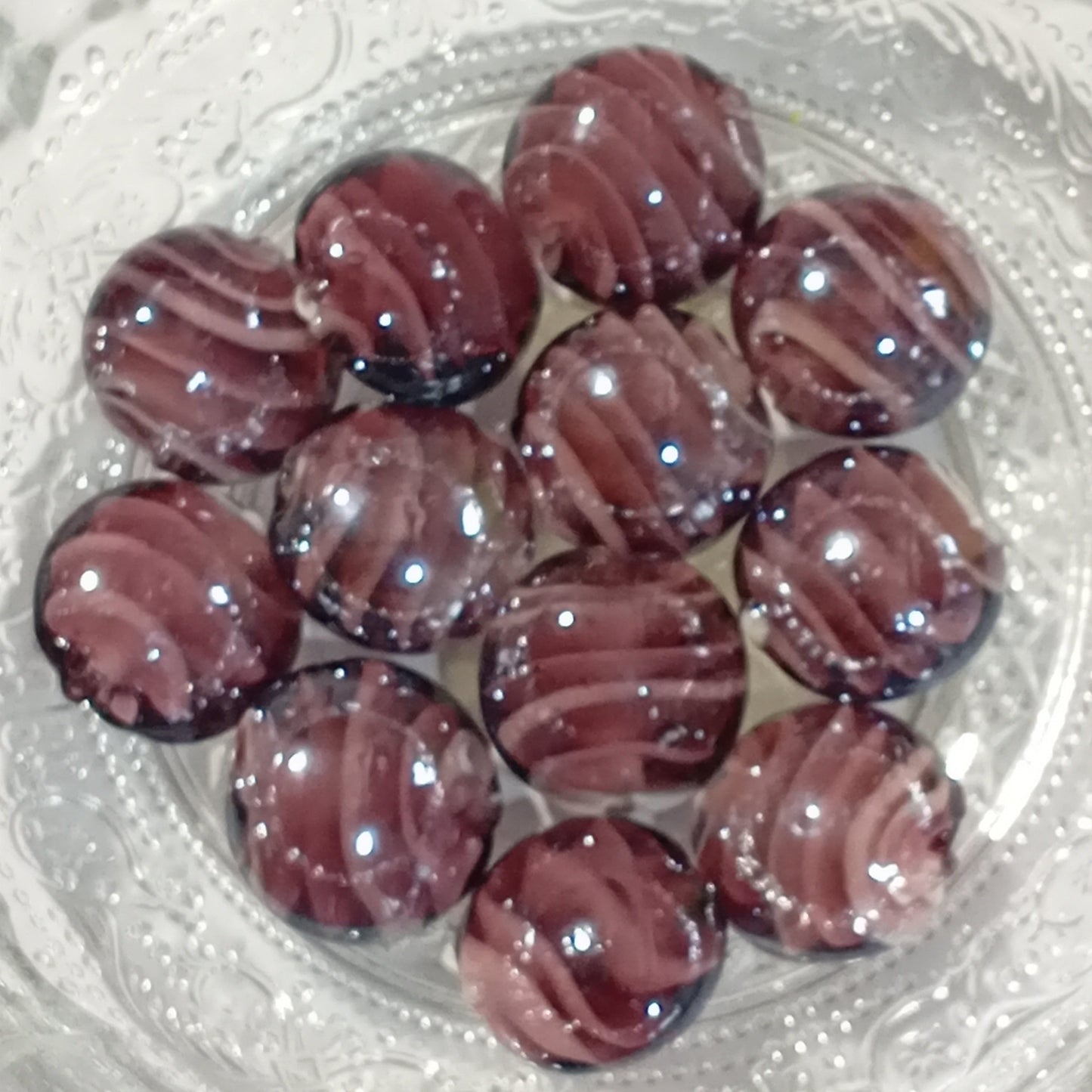 12pc 12mm Purple Glass Beads With White Swirls
