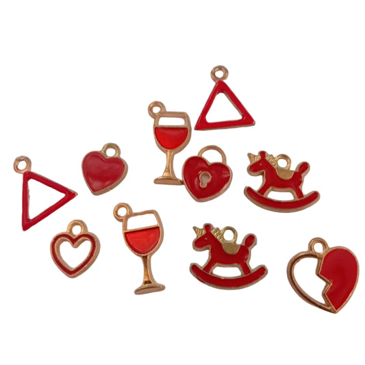 10pc Gold Enamel Fun Red Charms