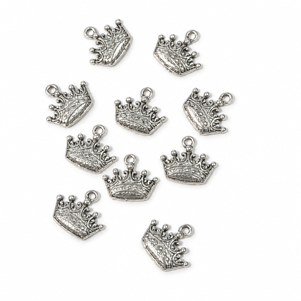 10pc Bright Silver Crown Charms