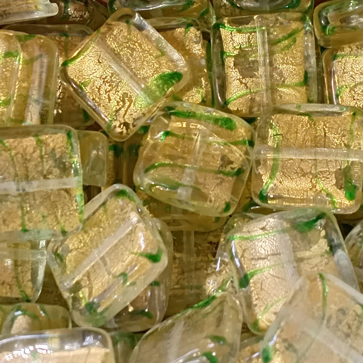 1pc 20mm Clear Gold & Green Sq. Lampwork Beads