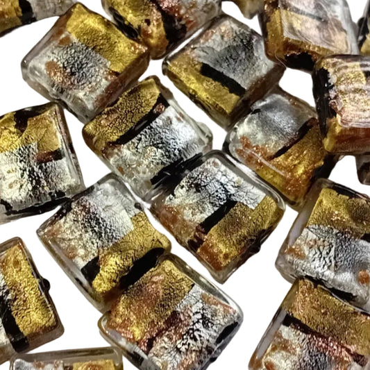 6pc 15mm Clear Silver & Black Sq. Lampwork Beads