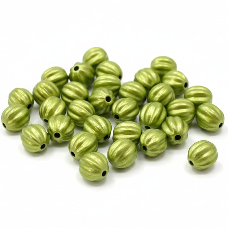 50g 8mm Metallic Light Green Fluted Acrylic Beads