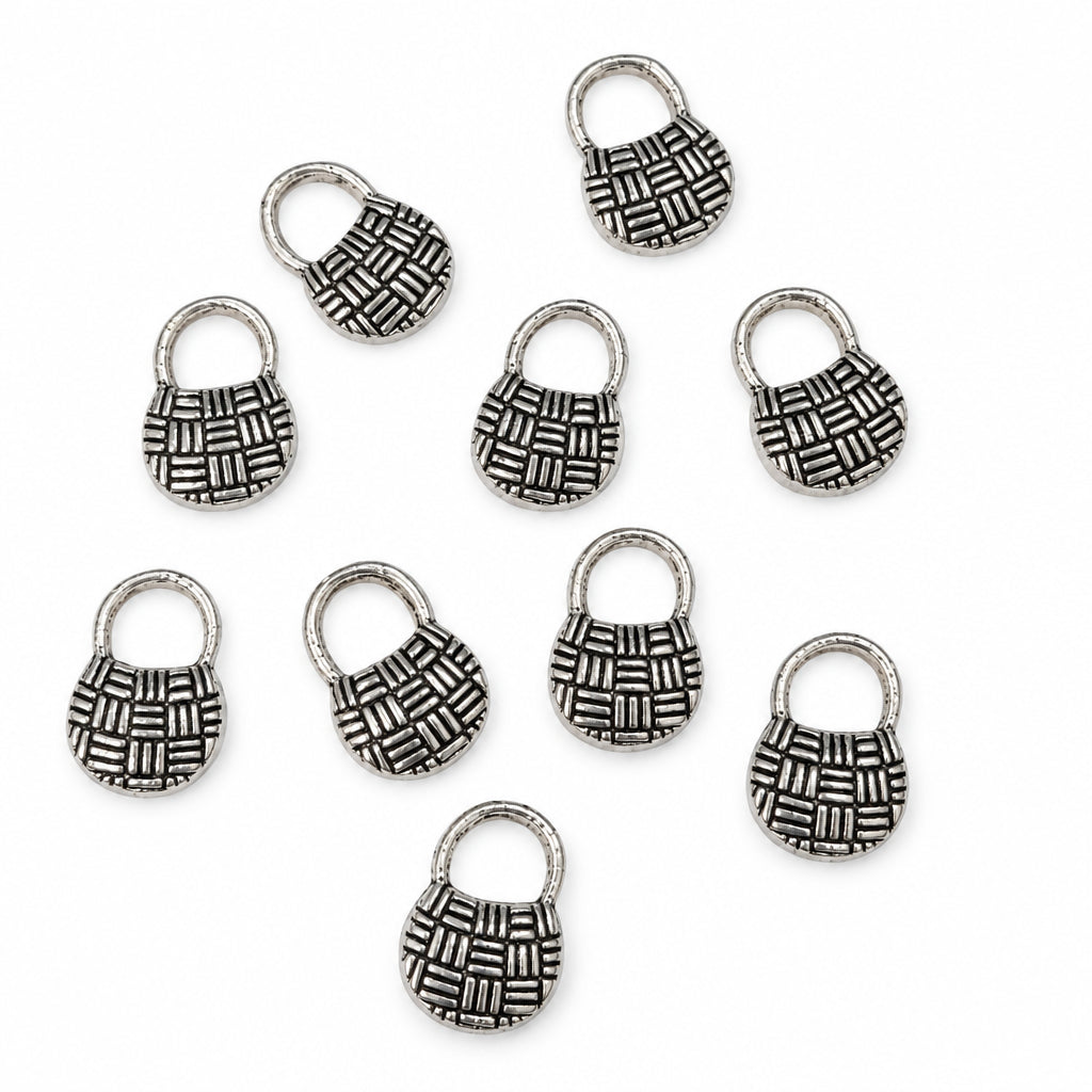10pc Silver Basket Weave Bag Charms