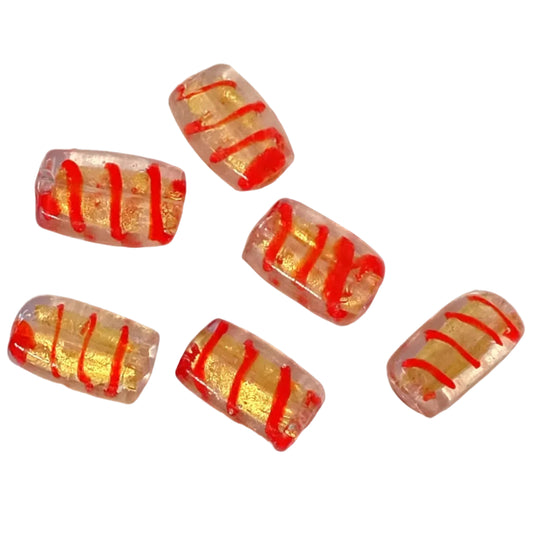 6pc 18mm Clear, Red & Gold Rectangle Lampwork Beads
