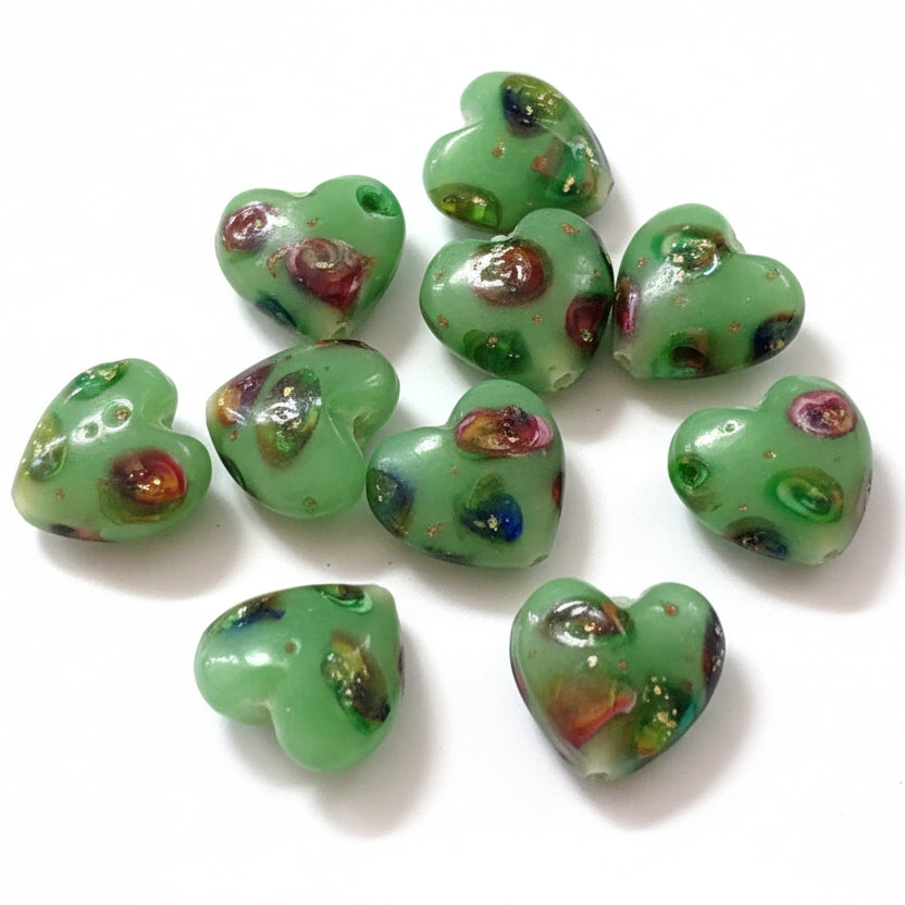 2pc Green Patterned Heart Lampwork Beads