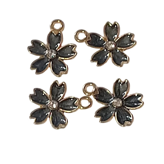 4pc Gold Grey Enamel Flower With Rhinestone Charms
