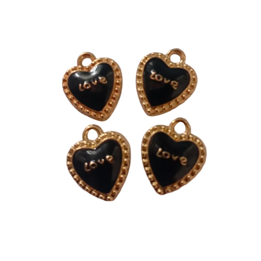 4pc Gold Black Heart Enamel Charms 'LOVE'