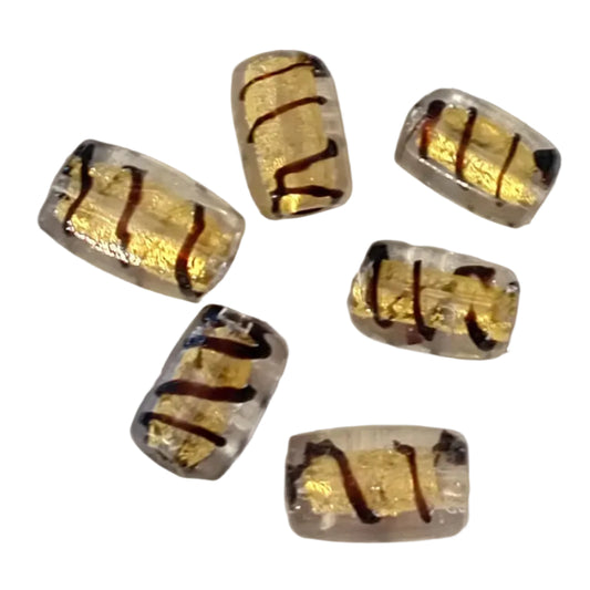 6pc 18mm Clear, Black & Gold Rectangle Lampwork Beads