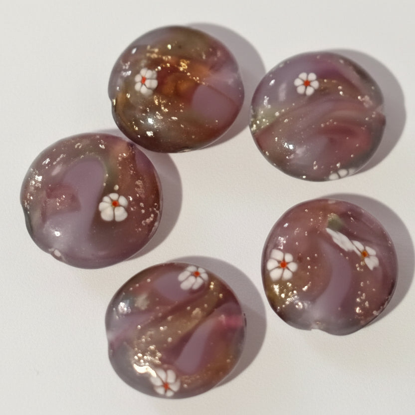 5pc Purple Floral Lampwork Beads