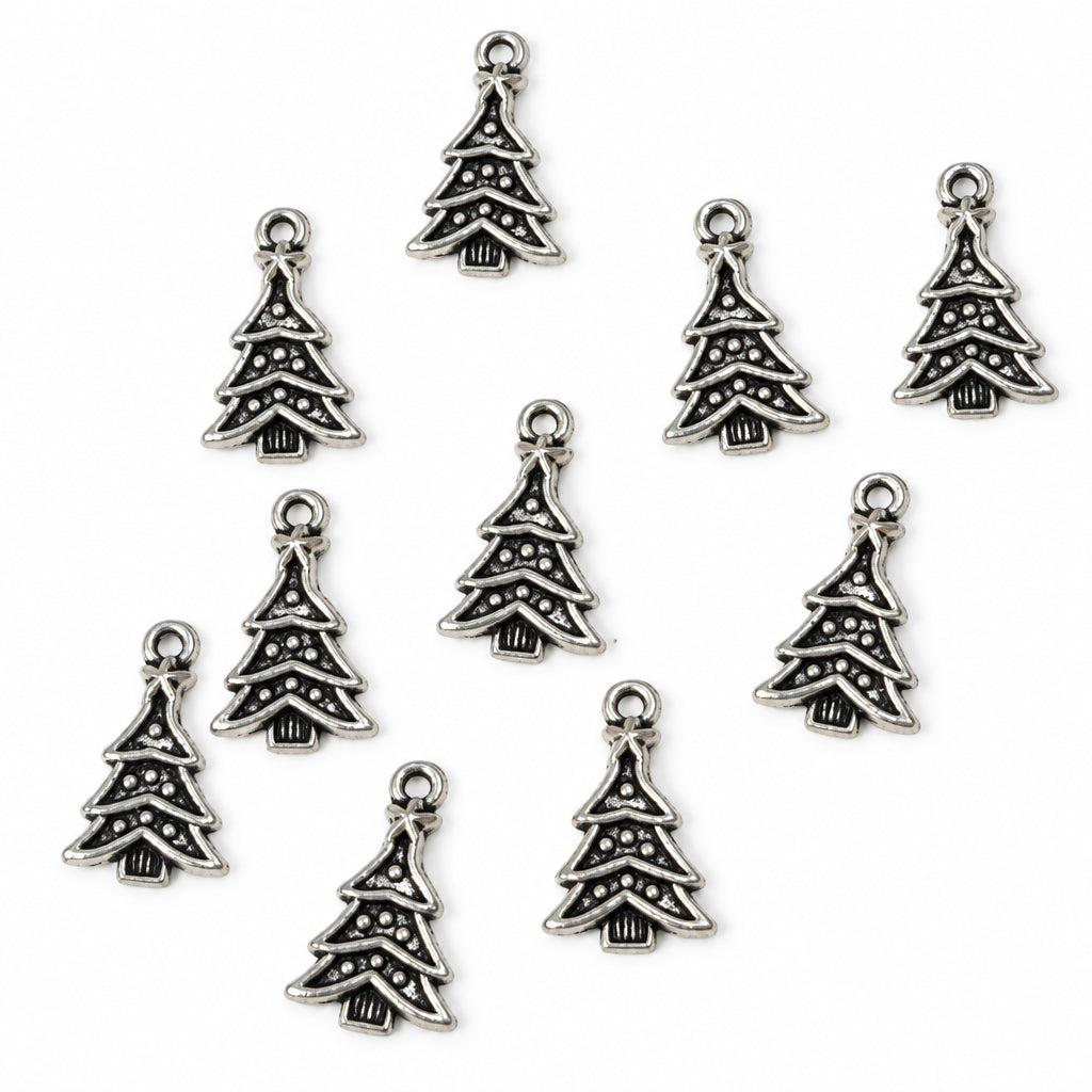 10pc Dark Silver Christmas Tree Charms