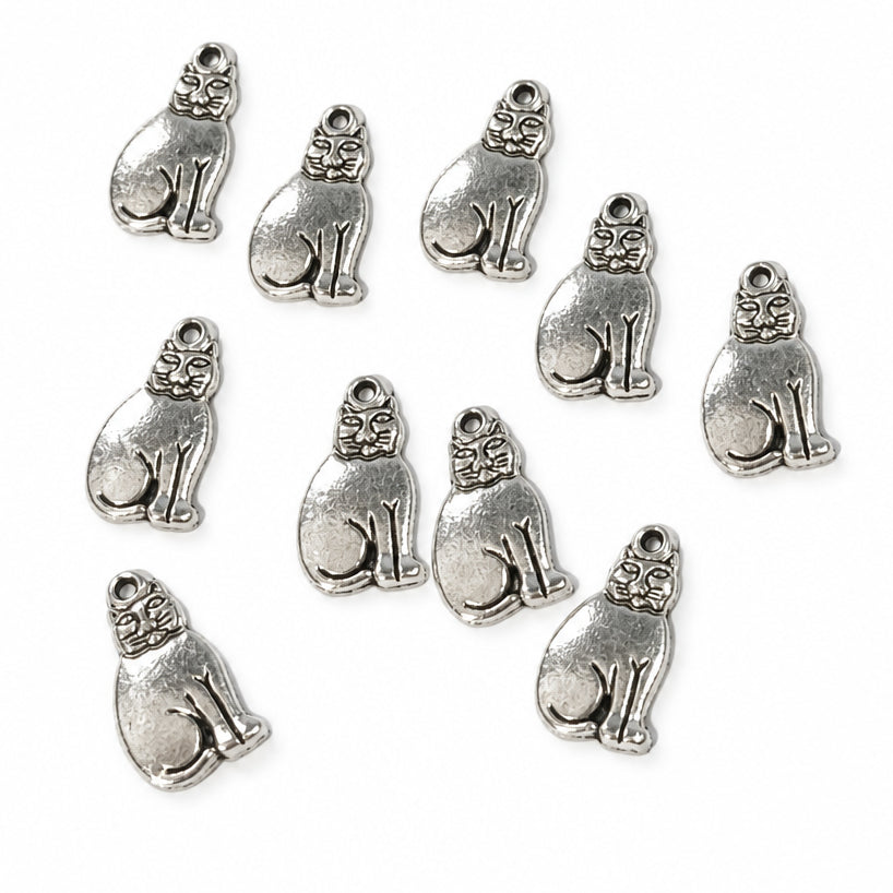 10pc Silver Sitting Cat Charms