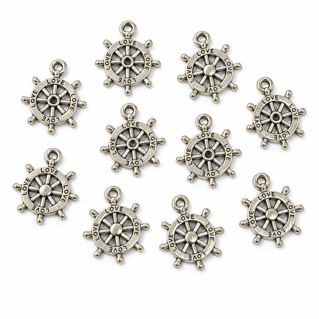 10pc Silver Ships Wheel Charms