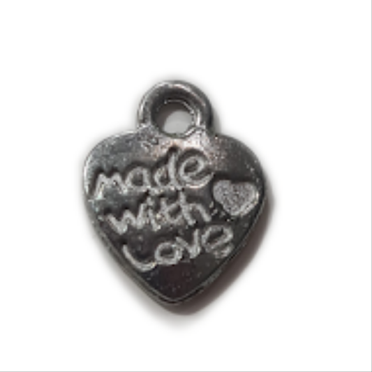 10pc Silver Made with Love Heart Charms