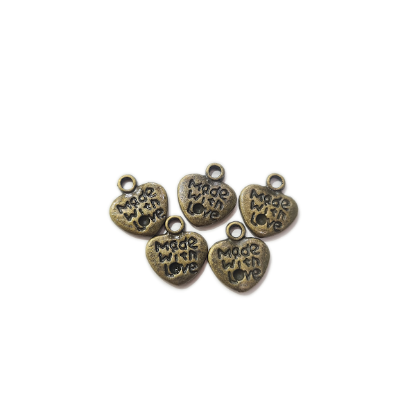 10pc Bronze Made With Love Heart Charms