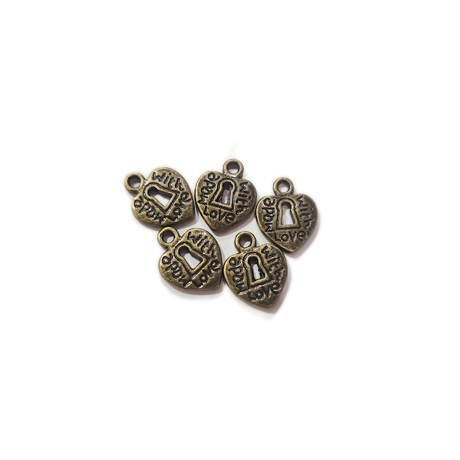 10pc Bronze 'Made With Love' Heart Charms