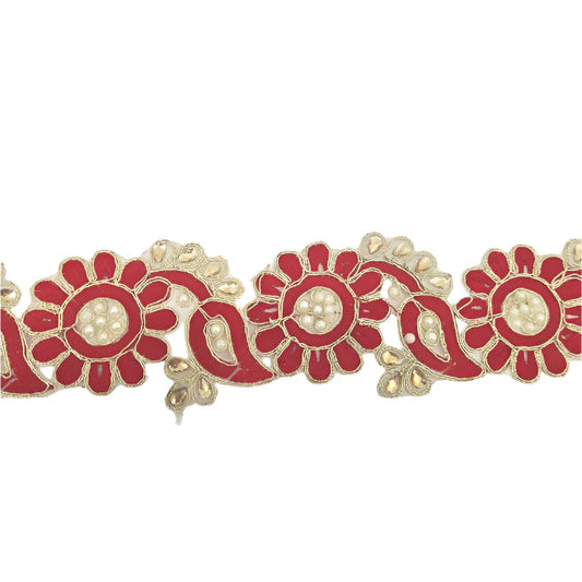 5m Red Flower, Gold & Pearl Trim