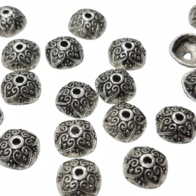 50PC Antique Silver Heart Swirl Bead Caps