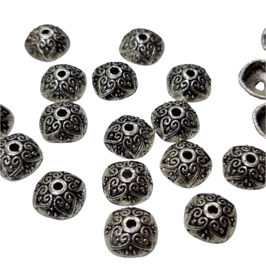 50PC Antique Silver Heart Swirl Bead Caps