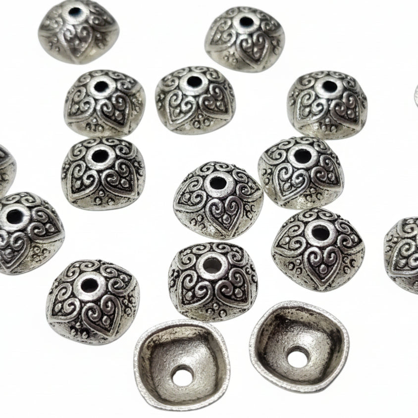 50PC Antique Silver Heart Swirl Bead Caps