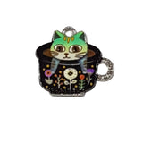 4pc Kitty Cat In A Black Cup Charms With Flowers