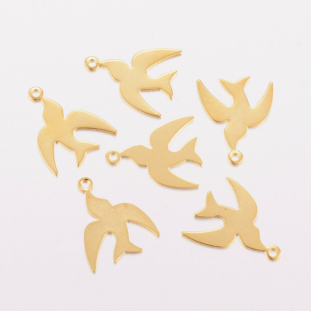 10pc Stainless Steel Gold Swallow Charms
