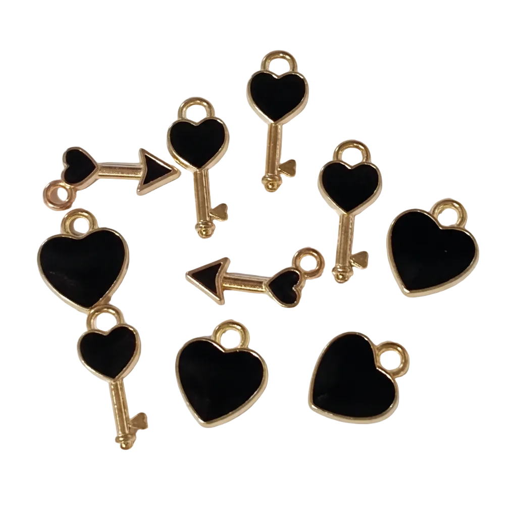 10pc  Gold Black Enamel Heart & Heart Key & Arrow Charms