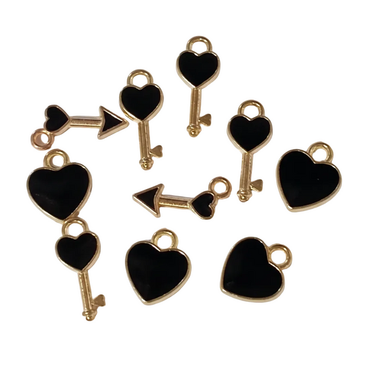 10pc  Gold Black Enamel Heart & Heart Key & Arrow Charms