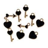 10pc  Gold Black Enamel Heart & Heart Key & Arrow Charms