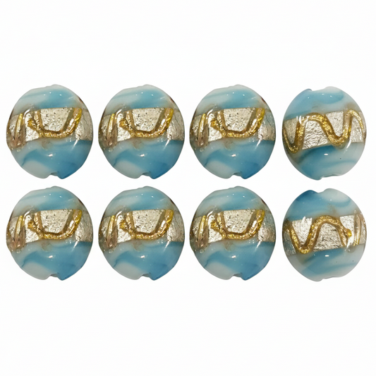 8pc Blue, White & Gold Swirl Lampwork Bead