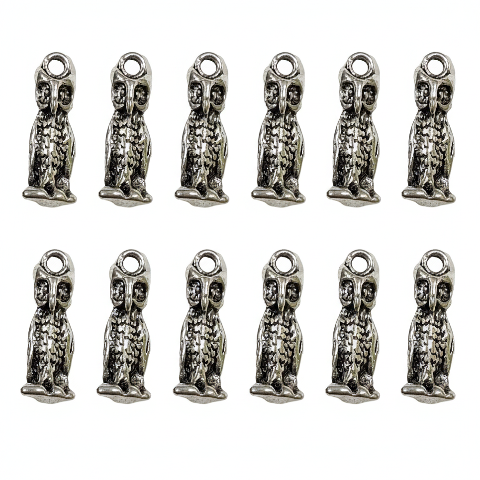 10pc Small Dark Silver Owl Charm