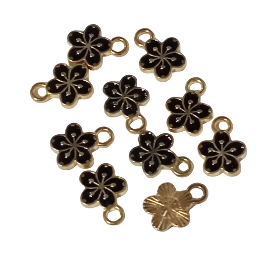 10pc Gold Black Enamel Mini Flower Charms